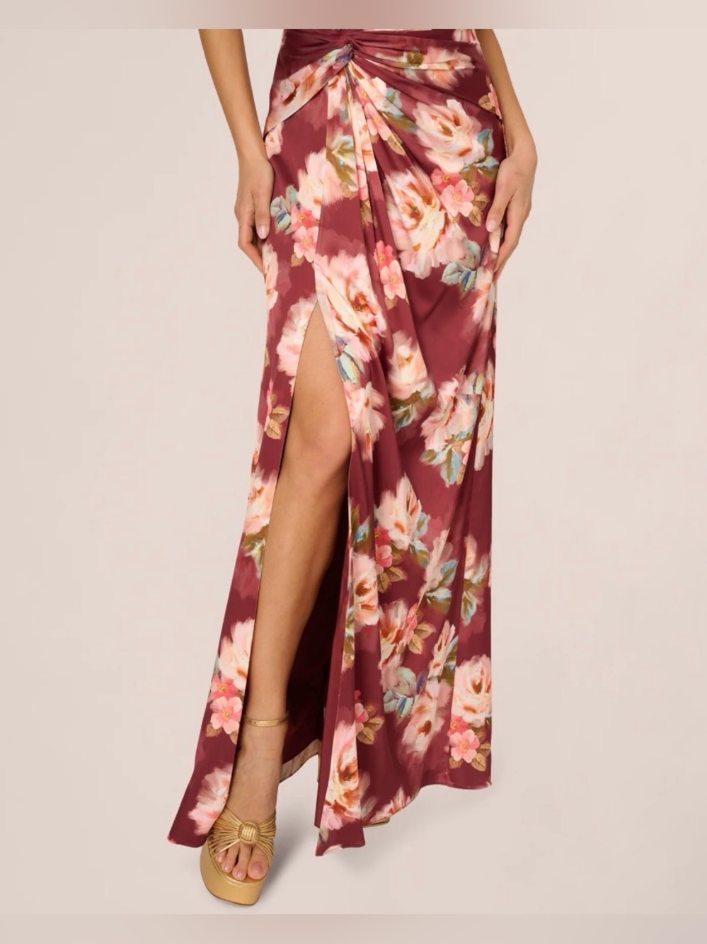 Adrianna Papell Floral Satin Twist Waist Halter Gown Brown Multi NWT - Picture 6 of 12